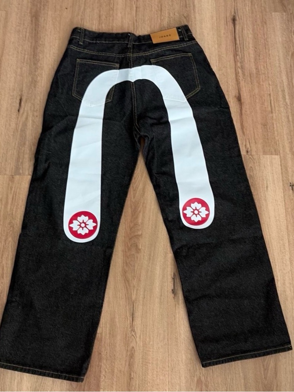 Evisu Black Straight Jeans with White Back Arch and Red Medallions